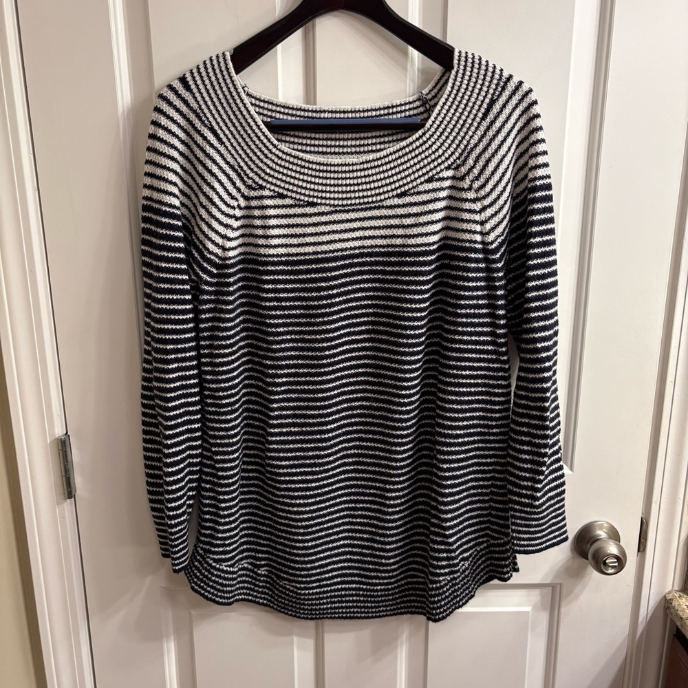 LOFT Plus Navy Blue and White Striped Crew Neck Sweater 16/18